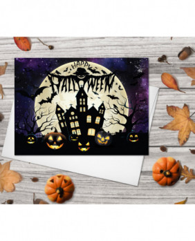 Happy Halloween Greeting Card Set of 4 - Starry Night Sky Scary Pumpkins Spooky Castle Bats Full Moon Cards Halloween card Halloween Gifts