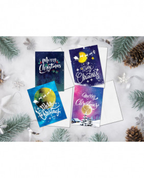 Starry Skies Watercolor Christmas Cards set of 4, Merry Christmas and Happy New Year Cards Holiday Greeting Card Pack Christmas Forest Cards
