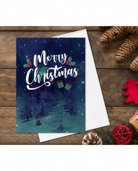 Starry Skies Watercolor Christmas Cards set of 4, Merry Christmas and Happy New Year Cards Holiday Greeting Card Pack Christmas Forest Cards