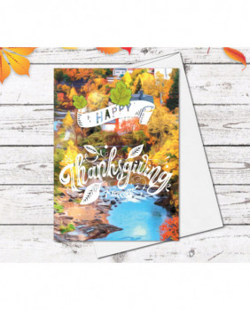 Happy Thanksgiving Card Autumn Forest Creek leaves Country Landscape Greeting Card Blank Watercolour Card Thanksgiving Greeting Cards