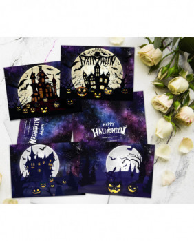 Happy Halloween Greeting Card Set 4 Pk Assorted 5"x7" Cards Starry Night Sky Spooky Castle Pumpkins Bats Full Moon Cards Handmade in Canada