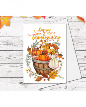 Supperb Thanksgiving Cards Set of 6 - Wooden barrel w/ pumpkins Autumn Leaves Thanksgiving Card Gift Handmade Greeting Card (Set of 6)