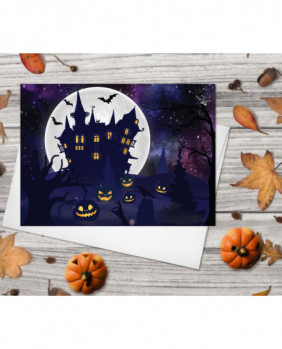 Happy Halloween Greeting Card Set of 4 - Starry Night Sky Spooky Castle Scary Pumpkins Full Moon Bats Cards Halloween card Halloween Gifts