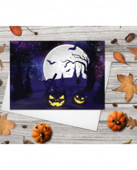 Happy Halloween Greeting Card Set of 4 - Starry Night Sky Spooky Trees Scary Pumpkins Bats Full Moon Cards Halloween card Halloween Gifts
