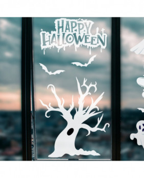Vinyl Wall Decal - Happy Halloween Wall Decals Sticker White Ghost Wall Décor Scary Tree Window Vinyl Wall Decor Sticker Home Store Trick or Treat Window Decal